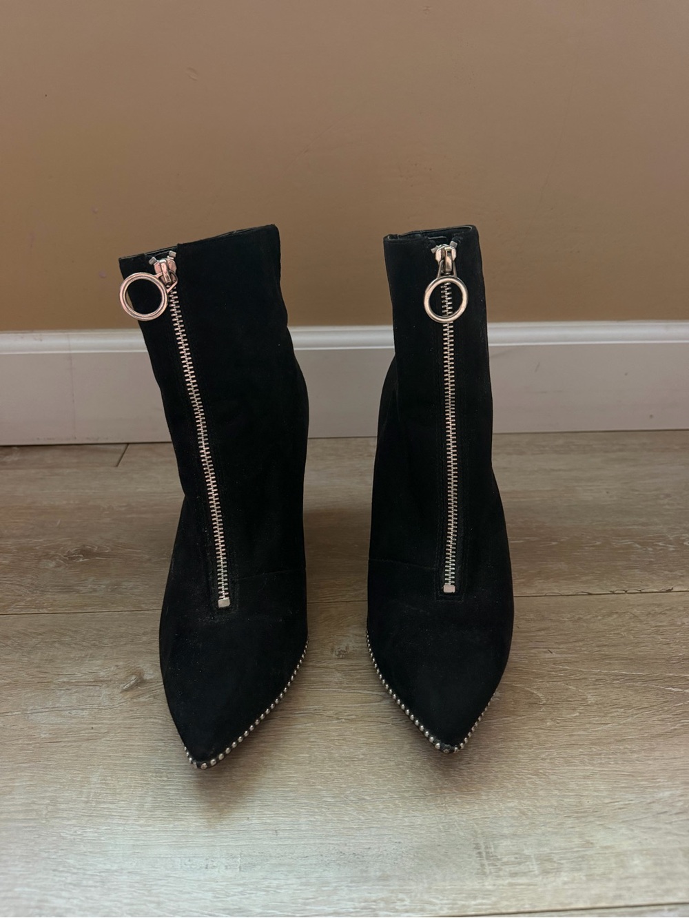 Bar III Black Suede Pointed Toe Ankle Boots with Ring-Zip